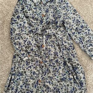 Girls' Blue Floral Button-Front Casual Dress with Tie Waist